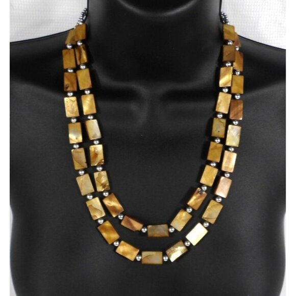 Vintage 2 strand brown rectangular beads with silver necklace 20" adjustable - Picture 1 of 2